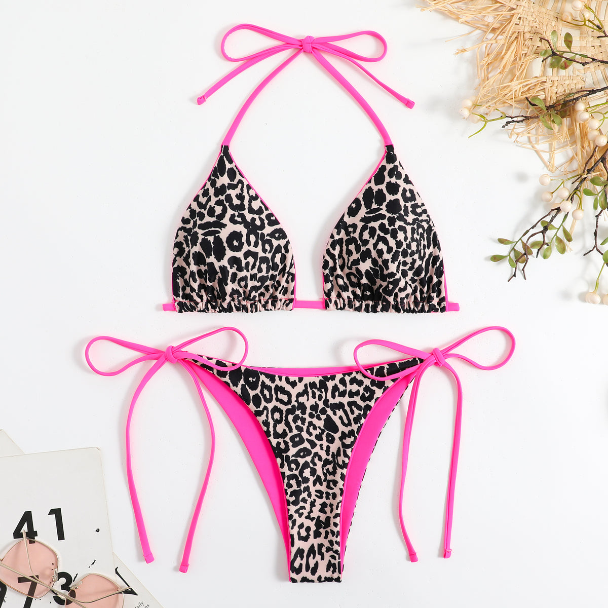 Leopard striped drawstring bikini swimsuit bikini