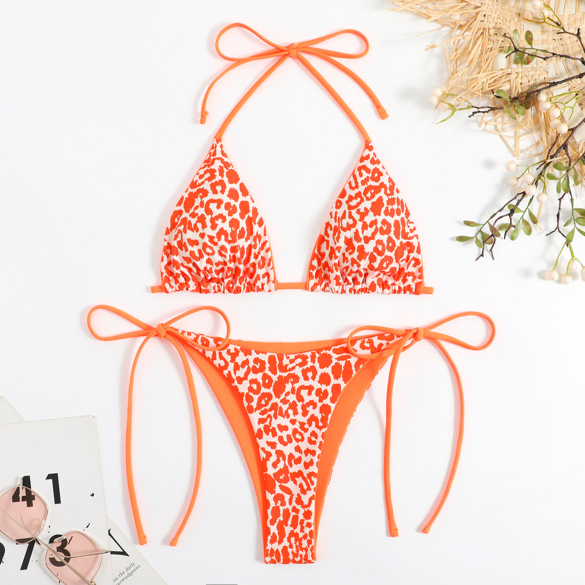 Leopard striped drawstring bikini swimsuit bikini